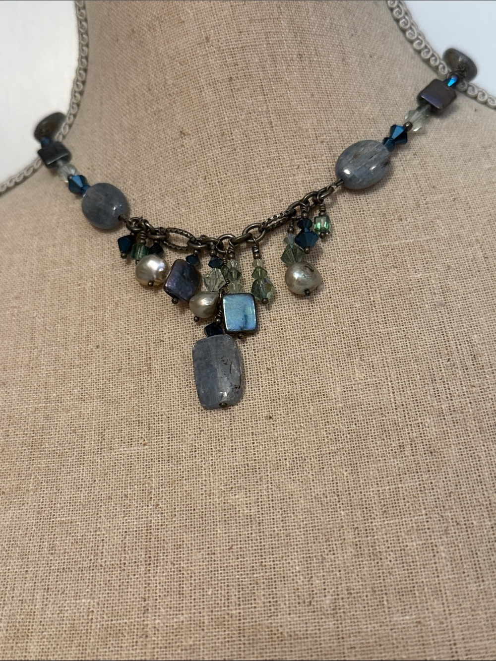 TRES JOLIE NECKLACE PEARL BLUE BEADED SWAROVSKI CRYSTAL STERLING SILVER 16”